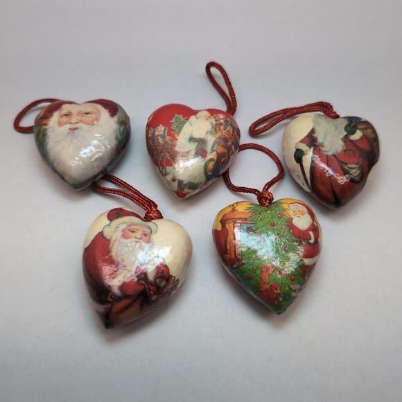 Lot Of 6 Decoupage Paper Mache Christmas Ornaments Victorian Heart Egg Shaped - Picture 3 of 11